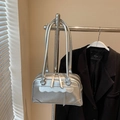 Silver metallic bowling shoulder bag with wavy pocket detail and long handles - Silver No Pendant