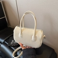 Chic pleated cream white cylinder handbag with detachable strap and top handles - White