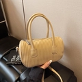 Beige pleated barrel crossbody bag with ruched PU leather texture and shoulder strap - Khaki