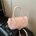 Pink pleated leather cylinder bag with double handles and a detachable shoulder strap - Pink