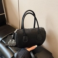 Small black pleated pillow bag for women with a textured leather finish and top handles - Black