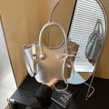 Silver metallic bucket bag with dual handles, pink ribbon bow and heart pearl charm - Silver (With Pendant)