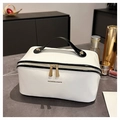 Creamy white leather travel cosmetic bag with black handle and large storage capacity - Black