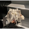 Chic beige bucket bag with brown geometric pattern and cute plush charm detail - Cream White With Pendant