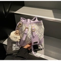 Chic purple color-block bucket bag in woven fabric and leather with plush pendant - Purple With Pendant