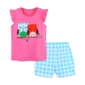 Pink girls' short sleeve set with owl embroidery and blue checkered shorts - 2Y(90cm) / Owl Set (2246)