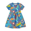 Blue short-sleeved girls dress with vibrant cartoon dinosaur and floral prints - 2Y(90cm) / Blue Dinosaur Print
