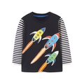 Maglietta bambini in cotone a maniche lunghe con razzi luminosi e maniche a righe - Blu Scuro (5280) / 2Y(90cm)