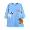 Robe à manches longues en coton bleu clair pour fille avec broderie d'appliques de chat - 2Y(90cm) / Bleu Ciel (1527)