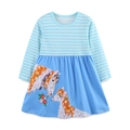 Abito a righe a maniche lunghe per bambine con ricamo cavallo a motivi floreali - 2Y(90cm) / A Righe Blu (1515)