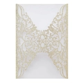 Close-up of laser-cut gold glitter wedding invitation with floral hollow pattern - Light Gold Glitter