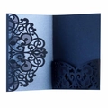 Elegant laser-cut navy blue lace wedding invitation pocket with intricate scroll design - Magic Blue