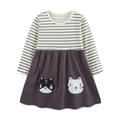 Abito a righe a maniche lunghe per bambina con ricami di gatti in grigio scuro e bianco - 2Y(90cm) / Stile Patch Gatto a Righe (1516)