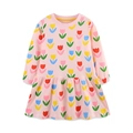 Pink long sleeve baby girl dress with colorful tulip floral prints and pleated skirt - 2Y(90cm) / Pink Base Colorful Print (1533)