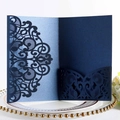 Navy blue laser cut lace invitation cover in pearlescent paper with elegant damascus pattern - Magic Blue