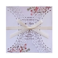 Elegant laser-cut wedding invitation with cream silk ribbon and floral insert card - White