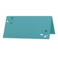Teal glitter wedding place card with laser-cut heart pattern and tent-fold design - Tiffany Blue