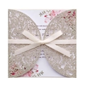 Champagne gold laser-cut square wedding invitation with floral insert and ribbon bow - Light Gold Glitter
