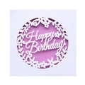 Detalle del diseño floral cortado con láser y tipografía Happy Birthday en la tarjeta - Carcasa Hueca Blanca (Página Interior Morada) / Morado