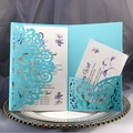 Sky blue laser-cut wedding invitation with floral insert and mandala lace design - Tiffany Blue