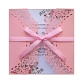 Pink laser-cut wedding invitation card with floral insert and elegant ribbon bow - Pink