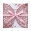 Invitation de mariage rose pailleté avec découpe laser, motifs floraux et nœud en soie - Rose Pailleté
