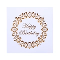 Detail of laser-cut square birthday card with elegant floral wreath and Happy Birthday text - White + Gold Inner Page