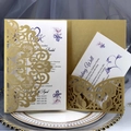 Laser cut gold pearl paper wedding invitation set with floral card on decorative plate - Beige Gold