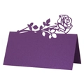 Macro view of purple pearl paper place card with laser-cut rose and foliage detail - Deep purple