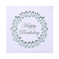 Dettaglio della ghirlanda floreale tagliata al laser e scritta Happy Birthday su cartoncino - Bianco con pagina interna blu chiaro
