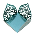 Detailed top view of laser-cut teal gift box with intricate European floral patterns - Mirror Indigo
