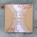 Detailed laser cut floral invitation cover with watercolor flower inner card and mesh - Beige Gold