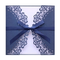 Elegant navy blue laser-cut floral wedding invitation with a satin ribbon bow tie - Dark Blue