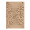 Detail of laser cut rose flower invitation cover with elegant champagne pearl texture - Beige Gold