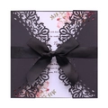 Laser cut invitation card with black hollow sleeve, silk ribbon and floral insert - Black
