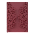 Macro detail of laser-cut burgundy rose patterns on high-quality cardstock envelope - Dark Red