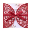 Red glitter laser-cut wedding invitation with elegant ribbon bow and floral inner card - Glitter Red