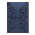 Macro detail of laser-cut rose patterns on pearlescent navy blue wedding invitation cards - Magic Blue