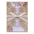 Lasercut Gold Rose Hochzeitseinladung mit Blumeneinlage und Seidenband Schleife - Beige Gold