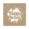 Goldglitzer Happy Birthday Karte mit lasergeschnittenem Blumenmuster auf weißem Grund - Glitzer Goldgelb