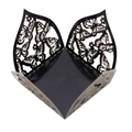 Close-up of black laser-cut butterfly candy box with square base and intricate hollow design - Mirror Black