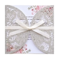 Laser cut wedding invitation in silver glitter paper with cream ribbon bow and floral card - Silver