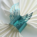 Macro detail of teal peacock blue angel wing napkin ring with intricate hollowed-out texture - 20cm / Mirror Indigo