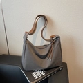 Vintage canvas tote bag with brown leather strap and TGT logo in dark grey and coffee tones - Dark Brown