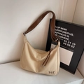 Retro beige canvas crescent tote bag with leather strap and TCT logo detail - Khaki