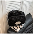 Elegant black floral jacquard handbag with silver metal plate and top leather handle - Black