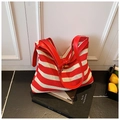 Red and white striped knit mesh tote bag with a premium leather shoulder strap - Red