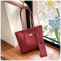 Red tote bag with herringbone texture and small pouch in a minimalist set style - Red