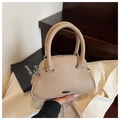 Chic beige lychee leather shell bag with dual handles and detachable shoulder strap - Khaki