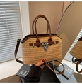 Beige woven straw handbag with brown leather trim and silver padlock detail - Brown